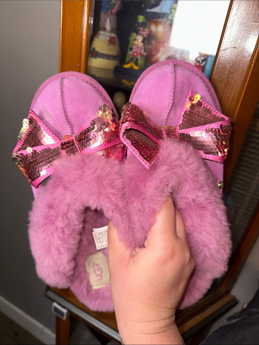 RARE UGG Pink Sequin Bow Shearling Coquette